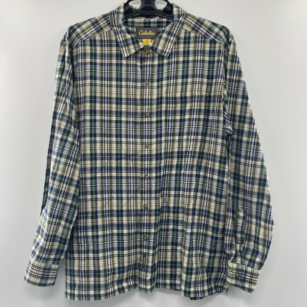 Cabelas Men's Long Sleeve Plaid Button Down Shirt sz L Green/Blue Made in India